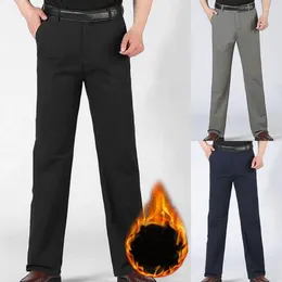 Men's Pants Fashion Winter Warm Fleece Lined Solid Color Casual Stretch Straight Middle Waist Business Trousers