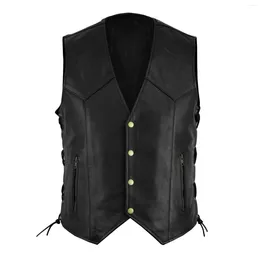 Men's Vests Men Pu Leather Suit Vest V Neck Sleeveless Drawstring Black Jacket Vintage Punk Motorcycle Streetwear Gilet Coat Blazer Overcoat