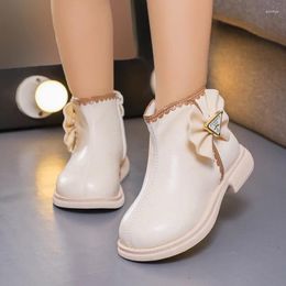 Boots 2024 Girls Ankle Bow Autumn Winter Elegant Kids Shoes Round-toe Versatile Soft Children Fashion PU Drop