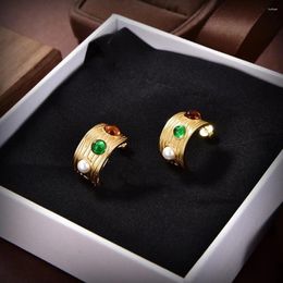 Stud Earrings 2024 Vintage Exquisite Half Circle Colored Gemstones Inlaid Gold Avant-Garde Fashion Jewelry For Women Party.