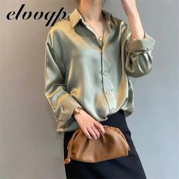 Spring Fashion Button Up Satin Faux Silk Shirt Vintage Blouse Women White Lady Long Sleeves Female Loose Street Shirts 240130