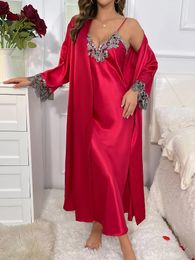 Womens Sleepwear 2cs Contrast Lace Long Sleeve Belted Robe V Neck Slip Dress Sexy Elegant Women Pajamas Sets