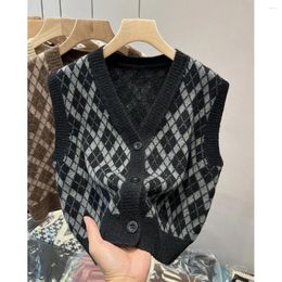 Women's Vests Women Sweater 2024 Fashion Vest Autumn And Winter V-neck Tops Sleeveless Knitted Loose Korean Argyle Sweaters R298