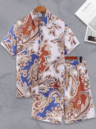 Men 2 Pieces Casual Summer Vocation Outfit Stylish and Comfy Paisley Print Short Sleeve Shirt Drawstring Shorts 240201