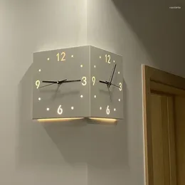 Wall Clocks Modern Double-sided White Clock Steel Angle Digital Hollowed-out Induction Lamp With Mute No Hole Pure Colour