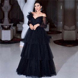 Sexy Black Tiered Off The Shoulder Evening Dress Women Long Sleeves A-Line Prom Party Gown Homecoming Sweetheart Robe De Soiree 240125