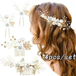 Hair Clips Luxury Crystal Flower Comb Hairpins Set Bridal Pearl Metal Tiaras Wedding Bride Jewelry Accessories