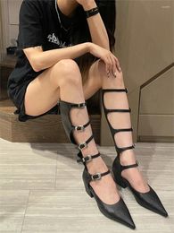 Boots Pointed Toe Metal Buckle Gladiator Sandals Retro Women Strappy Sexy Knee High Pumps Lace Up Elegant Chunky Heels Zip Dress Shoes