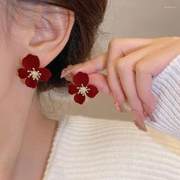 Stud Earrings Women Black Burgundy Colour Velour Flower Earring Ladies Autumn Winter Golden Metallic Floral Studs Charm Jewellery