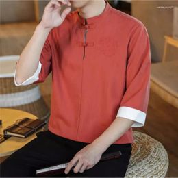 Ethnic Clothing Chinese Style Men's Half Sleeve Shirt Sinicism Men Summer Stand-up Collar Icesilk Traditional Hanfu Dial Buckle Jacket