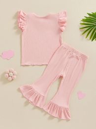 Clothing Sets Mama S Sunshine Baby Girl Summer Clothes Knit Ribbed Ruffle Short Sleeve T-Shirt Flared Pants Set Toddler Bell Bottoms Outfit