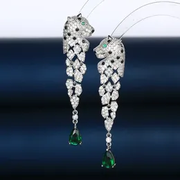 Stud Earrings Europe America Designer Luxury Women Lady Setting Full Czech Zircon Green Eyes Leopard Head Tassels