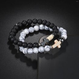 Strand Charm Natural Stone Bracelet Cross Black Matte Handmade Men Women Prayer Elastic Rope Chain Couple Jewelry Gift