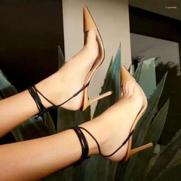 Sandals Ankle Strap Pointed Toe Leather And Pvc Patchwork Slingback Stiletto Sandal Sexy Elegant Women Fashion Casual Party Shoe