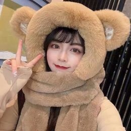 3Pcs/set Thickened Bear Ear Plush Pullover Cap Winter Imitation Rabbit Fur Warm Scarf All-in-one Hat Outdoor Mask Integrated Cap240125
