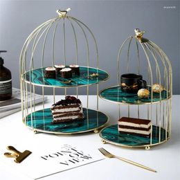 Decorative Figurines Double Layer Metal Bird Cage Storage Rack Marble Texture Trays Dressing Table Cosmetic Display Dessert Tray