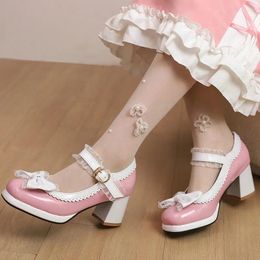 Dress Shoes Big Size 46 47 48 Pink Mixed White Color Lolita Closed Toe Girls Cosplay With Bowtie Knot Chunky High Heels Women Pumps