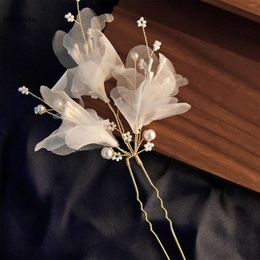 Hair Clips White Silk Flower Hairpins U Shaped Sticks Pearl Headpieces Elegant Jewelry For Bride Wedding Women Party Hairclips