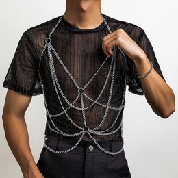 KunJoe Punk Multilayer Circle Aluminium Cross Chain Halter Chest Chain for Men Gay Harness Sexy Party Clubwear Body Jewellery 240127