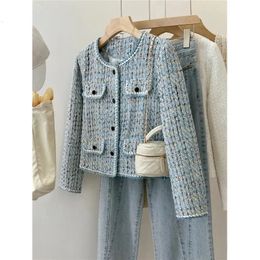 Autumn Winter Coat Advanced Sense Blue Tweed Woven Jacket Women French Temperament Outwear Small Fragrance Tops Female 240118