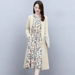 Work Dresses Elegant Long Dress Suits Women Chic 2 Piece Set Casual Thin Jacket Sleeveless Midi Floral Vestido Cotton Q324