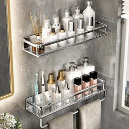 Bathroom Shelf Wall-mounted Storage Bracket with Towel Bar Space Aluminum Thickened Silver Organizer Shelf Bathroom Accessories 240202