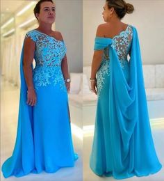 New Elegant Blue Mother Of The Bride Dress One Shoulder Lace Appliques Top Sexy Chiffon A-Line Wedding Party Gowns Plus Size Robe De Soriee