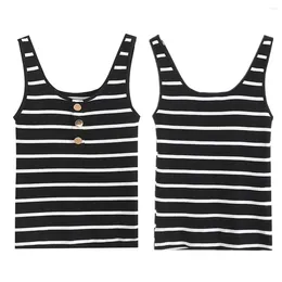 Women's Tanks Withered British Fashion Ladies Single-breasted Basic Tank Top Women Casual Striped Knit T-Shirt Female