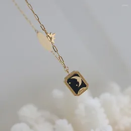 Pendant Necklaces YUN RUO 18 K Gold Plated Vintage Enamel Moon Square Necklace Fashion Titanium Steel Jewelry Woman Accessory Never Fade