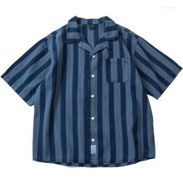 Men's Casual Shirts Arrival Japanese Antique Indigo Stripe Loose Fit Cityboy Cuban Collar Short Sleeve Shirt Summer Men American Leisure