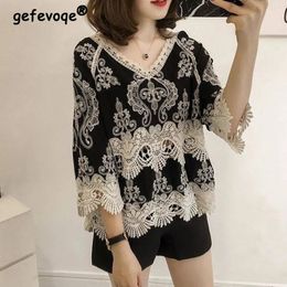 Retro Ethnic Style Chic Lace Embroidery Hollow Sexy T Shirt Women Casual Vneck 34 Sleeve Loose Sweet Street Top Female Clothes 240124