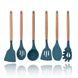 Blue 6Pcs Silicone Kitchenware Cooking Utensils Set Non-stick Cookware Spatula Shovel Wooden Handle Kitchen Cooking Tool Set 240130