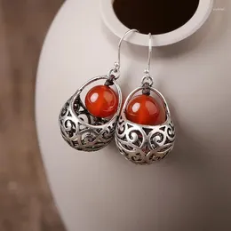Dangle Earrings Vintage National Style Imitation Agate Hook Silver Colour Flower Basket Red Beads Drop Women Jewellery
