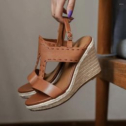 Sandals Women's Genuine Leather Wedge Platform High Heel Open Toe T-strap British Style Casual Female Heels Summer Pumps