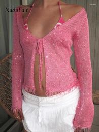 Women's T Shirts Nadafair Women Knitted Beach Long Sleeve Shirt Pink Sequins Vintage V Neck Bandage Cardigans Spring Summer Holiday Sexy
