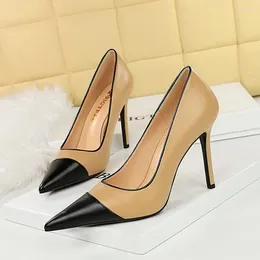 Dress Shoes Genuine Leather Stiletto Heels Mixed Colours Spring Black Beige Pointed Women's Pumps Elegant Lady Metal Slip On For Women