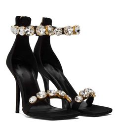 Женские сандалии известного бренда, обувь с ремешком из кристаллов и заклепками со стразами, туфли на шпильке с открытым квадратным носком, атласное вечернее платье, свадебные женские сандалии-гладиаторы EU35-43