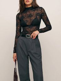 Women's T Shirts Womens Sheer Mesh Lace Crop Top Long Sleeve Floral Patterned Mock Neck See Through Layering Tees Sexy Y2K