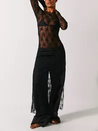 Casual Dresses Women S Y2K Sheer Lace Maxi Dress Long Sleeve See Through Mesh Floral Split Bodycon Beach Coverups Party