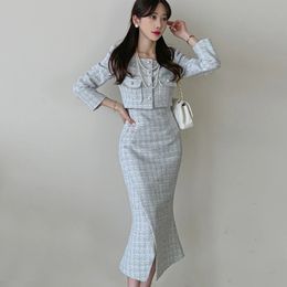 Korean Autumn Winter Women 2 Pieces Set Single-Breasted Short Coats Vintage Midi Pencil Skirt Sets Tweed Simple Plaid Suit 240124