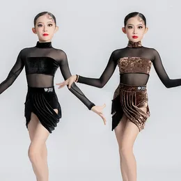 Stage Wear 2024 Mesh Sleeved Velvet Latin Dance Dresses Girls Samba Clothing Kids Ballroom Performance Costume SL9218