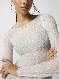 Women Lace Pullover TopS Retro Long Sleeve Round Neck See Through Solid Colour Fitted TShirts Casual Blouse Streetwear Y2K 2000s 240130