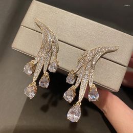 Dangle Earrings Gold Colour Angel Wing Water Droplets Zircon Pendant Exaggerate Long Transparent Crystal Women's Jewellery Wedding Party