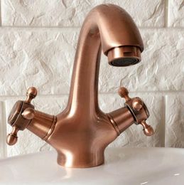 Bathroom Sink Faucets Antique Red Copper Dual Cross Handles Vessel Tap Single Hole Deck Mounted & Cold Water Mixer Tnf390