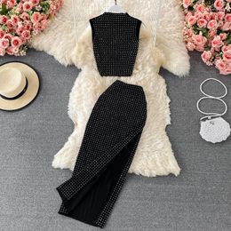 Work Dresses Sexy Black Diamonds 2pcs Set Women Party Sleeveless Short Tops High Waist Split Skirt Female Two Piece Suits Club Fashion 2024