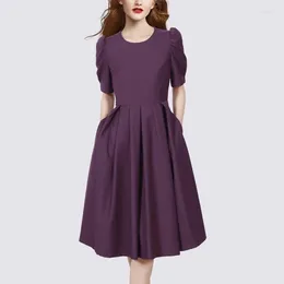 Party Dresses Elegant Summer Dress Women Fashion O-Neck Short Puff Sleeve A-LINE Slim Purple Office Ladies Work Midi Long Female