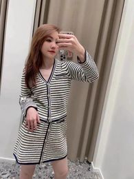 Women's Jackets Spring 2024 Women Stripes Single Breasted Knitted Set Ladies Long Sleeve V-Neck Slim Cardigan Tops And High Waist Mini Skirt