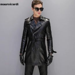 Mauroicardi Autumn Black Faux Leather Trench Coat Men Long Sleeve Belt Double Breasted Brown Plus Size Men Clothing 4xl 5xl 240119