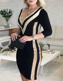 Casual Dresses 2024 Autumn Winter Spring Fashion Elegant Evening Party For Women Sexy Contrast Sequin V-Neck Bodycon Dress