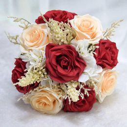 Decorative Flowers Non-fading Artificial Rose Realistic Reusable Wedding Bouquet With Ribbon Bowknot Green Leaves Elegant